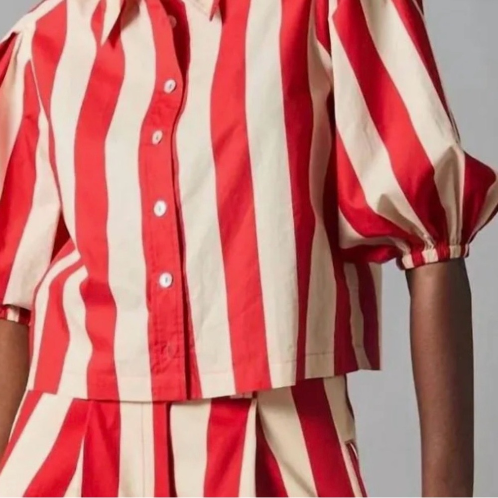 Tracy Reese Red and Cream Vertical Stripe Button-Down Top - Picture 2 of 16